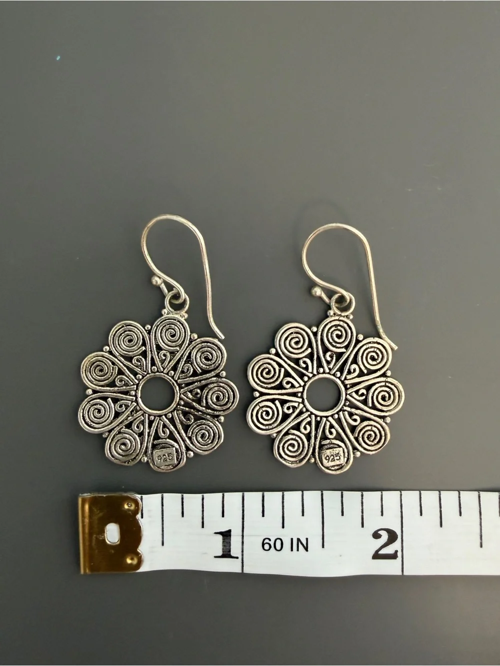 Sterling Silver 925 Spiral Filigree Flower Dangle Earrings